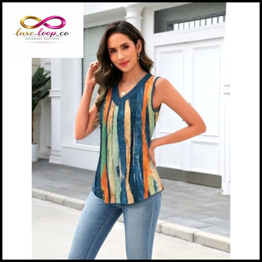 V-Neck Sleeveless Tank Top Loose Fit Blouse Business Casual Summer Tops - Picture 3 of 7